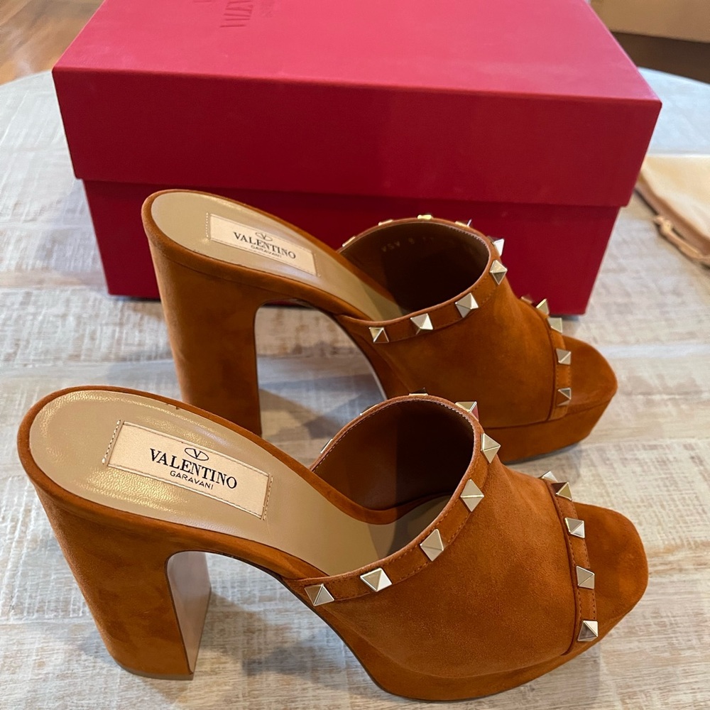 Valentino Brown Rockstud Studded Suede Mule Sandals Heels Platforms - Picture 2 of 9
